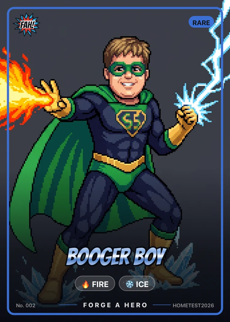 Booger Boy, a Rare card, number 002 — powers Fire and Ice. A pixel-art hero in navy and green with a flowing cape, throwing fire from one hand and ice from the other.