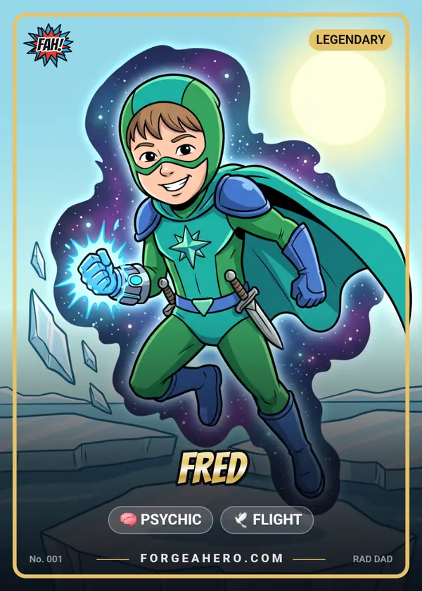 Fred, a Legendary card, number 001 — powers Psychic and Flight. A hero in green and blue flying over a cracked plain, with the gold Legendary nameplate.