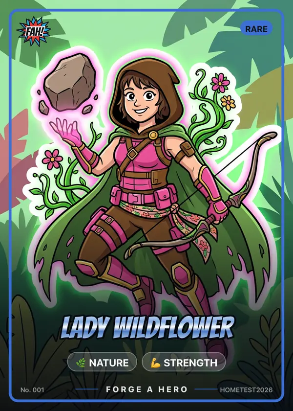Lady Wildflower, a Rare card, number 001 — powers Nature and Strength. A hero in green and pink lifting a boulder in a jungle.