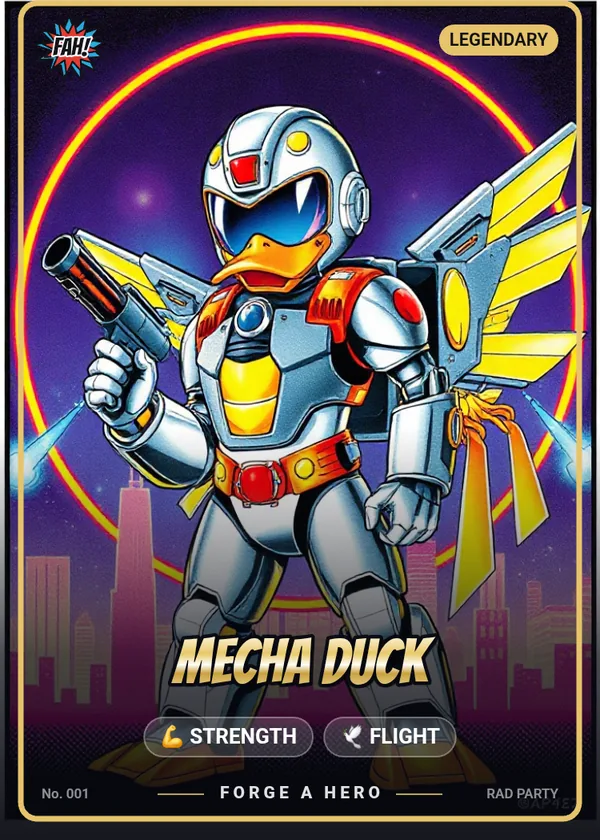 Mecha Duck, a Legendary card, number 001 — powers Strength and Flight. An armoured duck with jet wings and a blaster over a neon city.