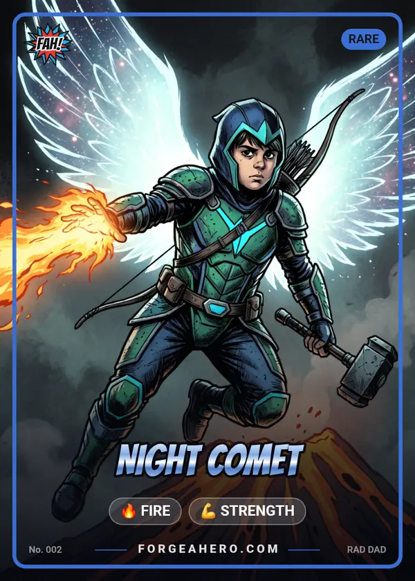 Night Comet, a Rare card, number 002 — powers Fire and Strength. A winged hero with a bow and hammer, throwing fire.