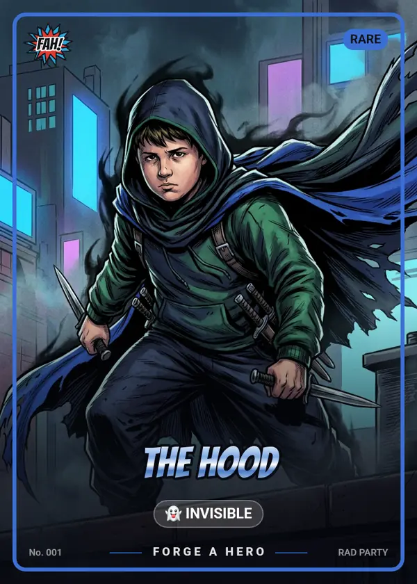 The Hood, a Rare card, number 001 — power Invisible. A hooded hero with twin blades on a neon rooftop.